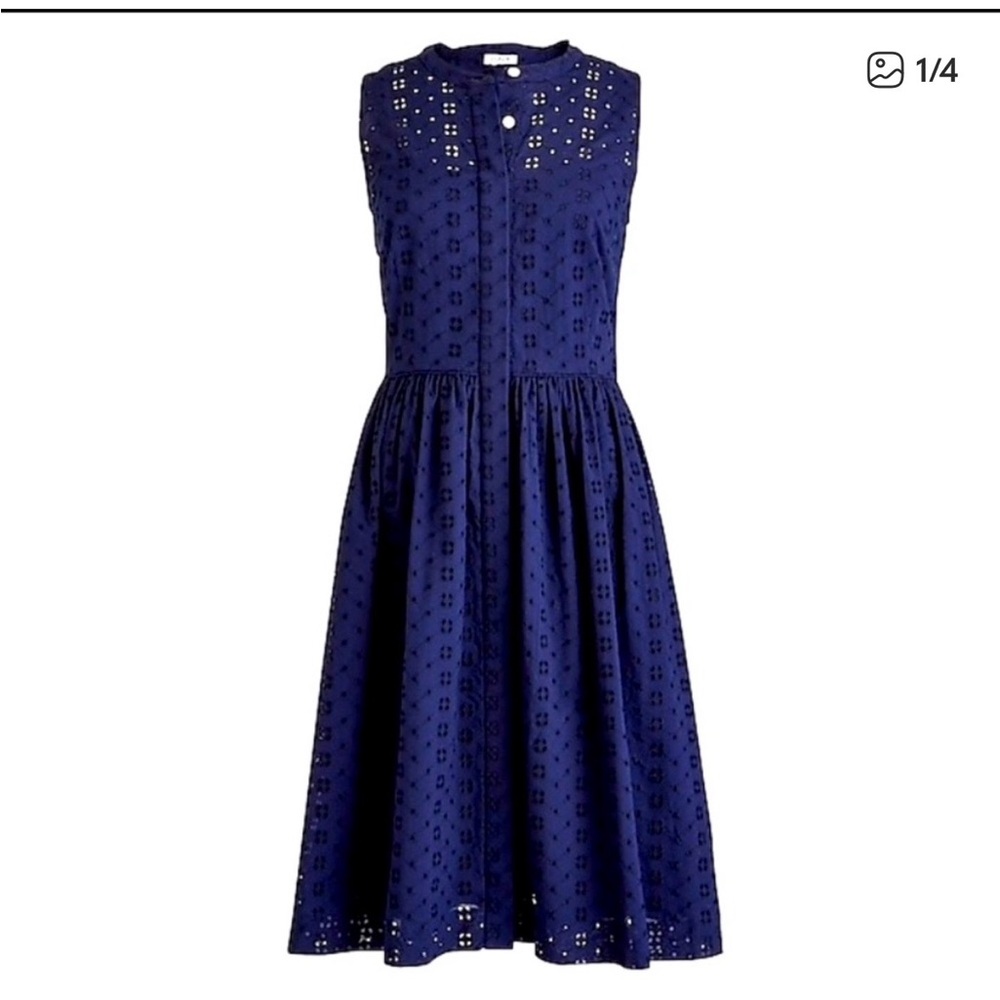 J. Crew 100% Cotton Eyelet Button Up Midi Sleeveless Dress Navy Blue. Size‎ 4.